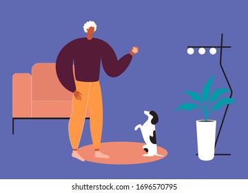 Man playing ball with a dog in a cozy room. Friendship between dog and owner. Dog person. Best friends. Guy plays with puppy at home. Flat vector illustration