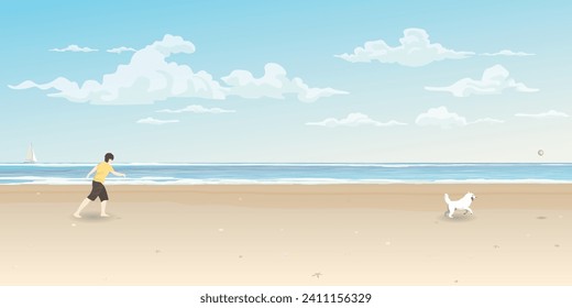 Man playing ball with his dog on the beach vector illustration. Travel with pet concept cartoon flat design.