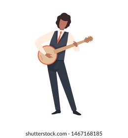 Man Playing Banjo, Male Jazz Musician Character in Elegant Suit with Musical Instrument Vector Illustration