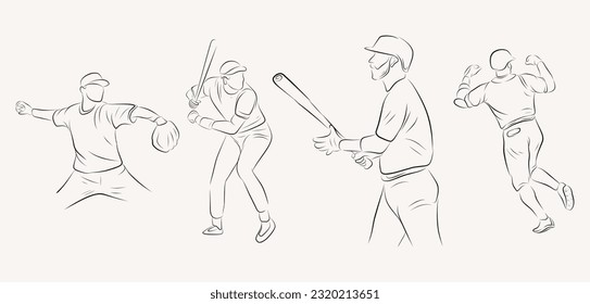 Man playing Baseball line art set illustration