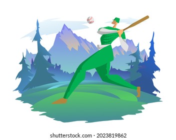 A man playing baseball on the background of a mountain landscape. Outdoor activities, vector illustration.