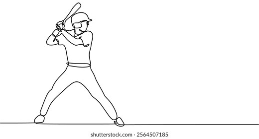 Man playing baseball, symbolizing focus, teamwork, and sport. One line drawing capturing the action and energy of the game. Vector illustration hand drawn.