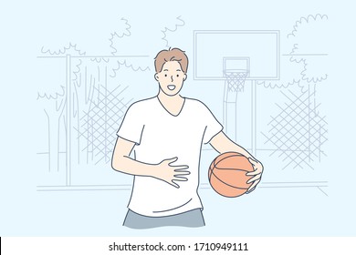 Man playing basketball concept. Young happy man boy teenager athlete cartoon character standing with ball game on field, looking straight at camera. Sport recreation and active lifestyle illustration.