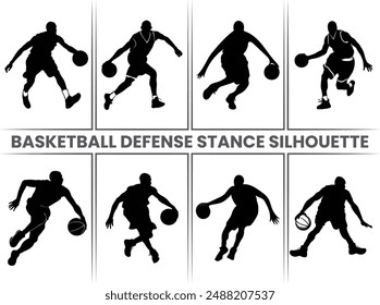 A man playing basketball defensive stance silhouettes. Basketball players are running and practicing, preparing for a soccer tournament.
