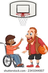 A man playing basketball with disable girl on a wheelchair illustration