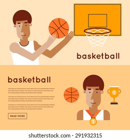 Man playing basketball game winner. 2 banners. Flat style vector illustration.