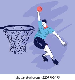 Man playing basketball, minimalist flat style vector illustration, basketball net, basketball ball, sportswear