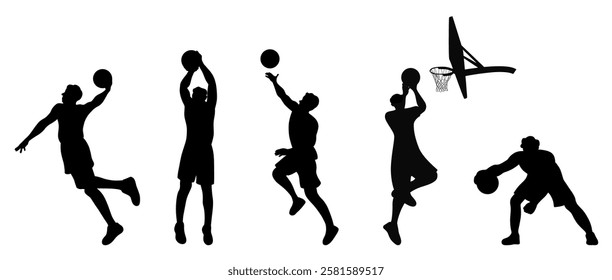 Man playing basketball, basketball players silhouettes, basketball players are jumping and practicing