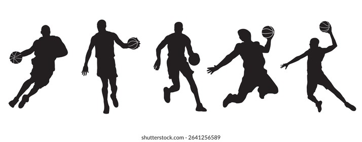 man playing basketball silhouette vector ,five basketball players silhouette on white background