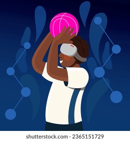 Mann, der Basketball im VR-Headset spielt. Vektor-handgezeichnete virtuelle Sportgrafik