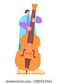 Man playing bass contrabass music instrument alone flat colorful illustration young performance cartoon