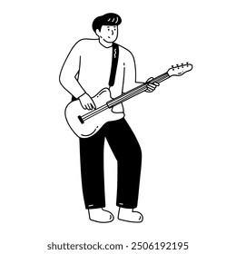 Man playing a bass guitar handdrawn illustration