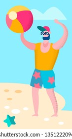 Man Playing Beach Volleyball Flat Illustration. Handsome Boy Hitting Ball Cartoon Character. Attractive Macho Wearing Sunglasses on Seashore. Summer Sports, Active Rest, Recreation Outdoors