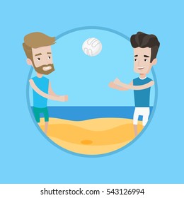 Man playing beach volleyball with his friend. Two caucasian men having fun while playing beach volleyball during summer holiday. Vector flat design illustration in the circle isolated on background.