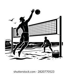 Man playing beach volleyball, jumping to hit ball with teammate in background