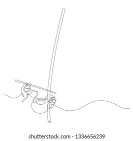 Man playing at berimbau. Hands hold a musical instrument. Contour Isolated on white. vector illustration