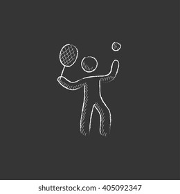 Man playing big tennis. Drawn in chalk icon.