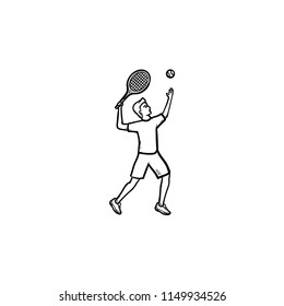 Man playing big tennis hand drawn outline doodle icon. Big tennis tournament, ball and racket concept. Vector sketch illustration for print, web, mobile and infographics on white background.