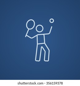 Man playing big tennis line icon for web, mobile and infographics. Vector light blue icon isolated on blue background.