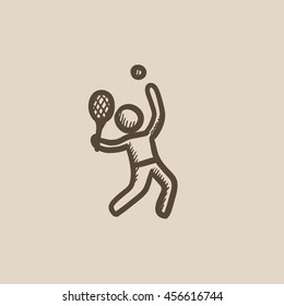 Man playing big tennis vector sketch icon isolated on background. Hand drawn Man playing big tennis icon. Man playing big tennis sketch icon for infographic, website or app.