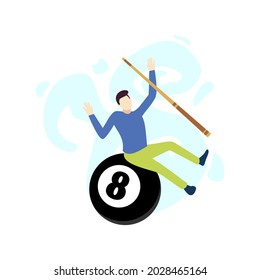 hombre jugando al billar y sentado en la bola número ocho personas ilustración vectorial diseño plano