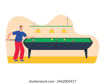 Man playing billiards alone, enjoying entertainment. Character design. Vector flat illustration