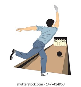 man playing bowling. Roll the ball. The figure of a man who is trying to knock down pins. The figure of a man standing with a bowling ball.