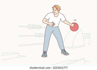 Man playing bowling swings hand to make great throw and knock down all pins. Guy with ball enjoys game of bowling competing with friends during Friday break after work. Flat vector design 