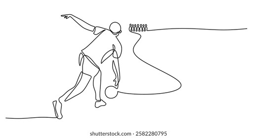 Man playing bowling, throwing ball toward pins in continuous line drawing. Sports and leisure activity concept. Vector illustration hand drawn.