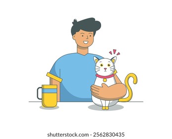 Man playing with cat at home, enjoying while drinking coffee in a glass. Character design. Vector flat illustration