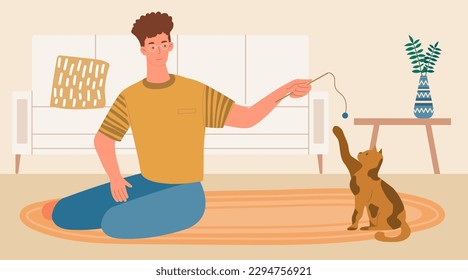 Man playing with cat. Young guy holds ball on string in front of pet. Playful and charming domestic animal and mammal. Happy guy with kitty. Cartoon flat vector illustration