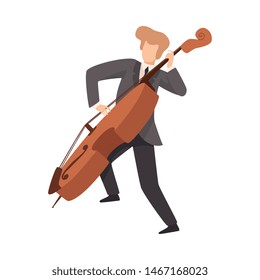 Man Playing Cello, Male Musician Contrabassist Character in Elegant Suit with Musical Instrument Vector Illustration