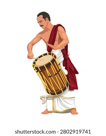 Man playing chenda drum chendakkaran in traditional Kerala attire, vector illustration