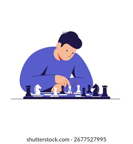 Man playing chess, carefully considering his next move on a chessboard, showcasing strategy and intellect in a clean, minimalist style.