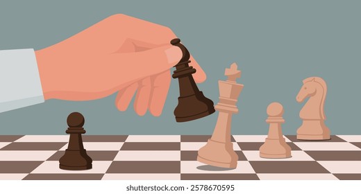 Man playing chess and checkmating the opponent, strategy games concept