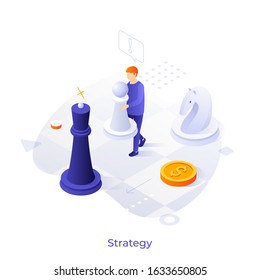 Man playing chess with giant pieces on chessboard. Concept of business strategy, strategic planning for financial profit, tactics, decision making. Modern colorful isometric vector illustration.