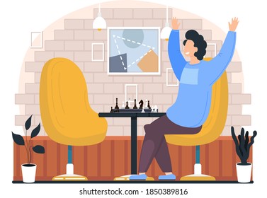 Un hombre jugando ajedrez en casa en una mesa de ilustración vectorial de dibujos animados ambiente acogedor en la sala de estar por la noche. El personaje masculino ganó y levantó sus manos alegremente con un juego de lógica el fin de semana