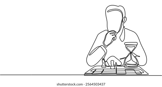 A man playing chess with an hourglass next to him in continuous line drawing. Depicting strategy, time management, and the complexity of decisions. Vector illustration hand drawn.