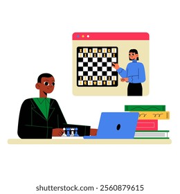 Man Playing Chess Online With A Virtual Instructor In Flat Vector Illustration Symbolizing Online Learning And Strategy, Isolated On White Background