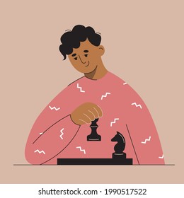 Man playing chess vector illustration. Thinking and making decisions concept. Strategy and tactics. Cartoon male character has an idea. Hobby activity graphic 
