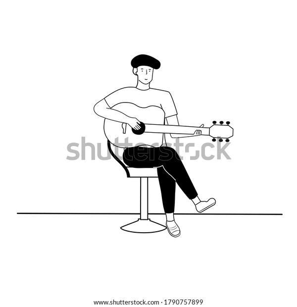 椅子に座ってクラシックギターを弾く男性 民謡 音楽 歌 コンサート フラットなカートーンデザインのベクターイラスト のベクター画像素材 ロイヤリティフリー