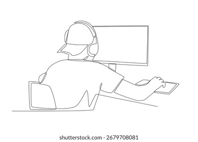 Hombre jugando juegos competitivos de PC. Concepto de juego cooperativo dibujo de una línea