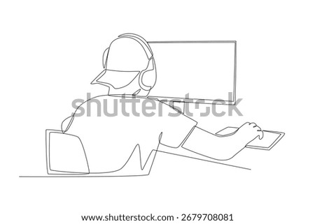 Man playing competitive PC games. Co‑op game concept one-line drawing