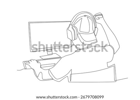 Man playing competitive PC games. Co‑op game concept one-line drawing