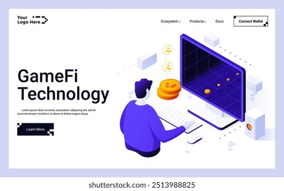 Homem jogando computador para minhas fichas. Modelo isométrico da página inicial da GameFi Technology. Jogador masculino ganhando criptomoeda no videogame criativo 3d vetor ilustração para página da web
