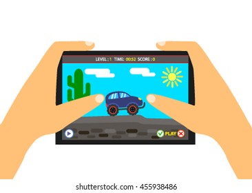 Man playing a computer game on the phone. Flat vector illustration isolated on white background