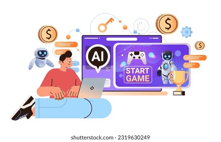 man playing computer video games with ai helper bot game artificial intelligence technology concept