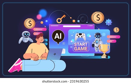 man playing computer video games with ai helper bot game artificial intelligence technology concept