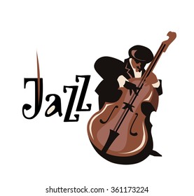 Man playing contrabass. Isolated on white background. Jazz inscription. Vector illustration. Jazz symbol. Icon.