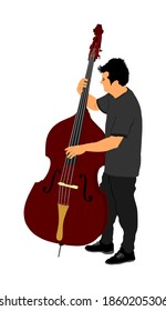 Hombre jugando a la ilustración del vector de contrabando aislado. Hombre de música con contras en concierto. Doble intérprete de bajo. Músico con instrumento de cadena en el escenario. Concierto clásico.